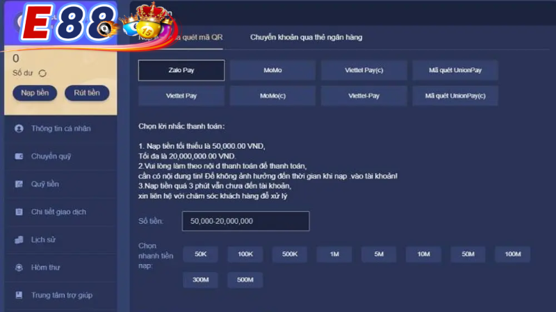 Lưu ý khách hàng nên biết khi thực hiện nạp tiền E88
